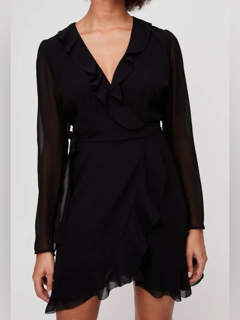 Wilfred Louise Wrap Mini Dress Black Chiffon Long Sleeve Size XS — Aritzia